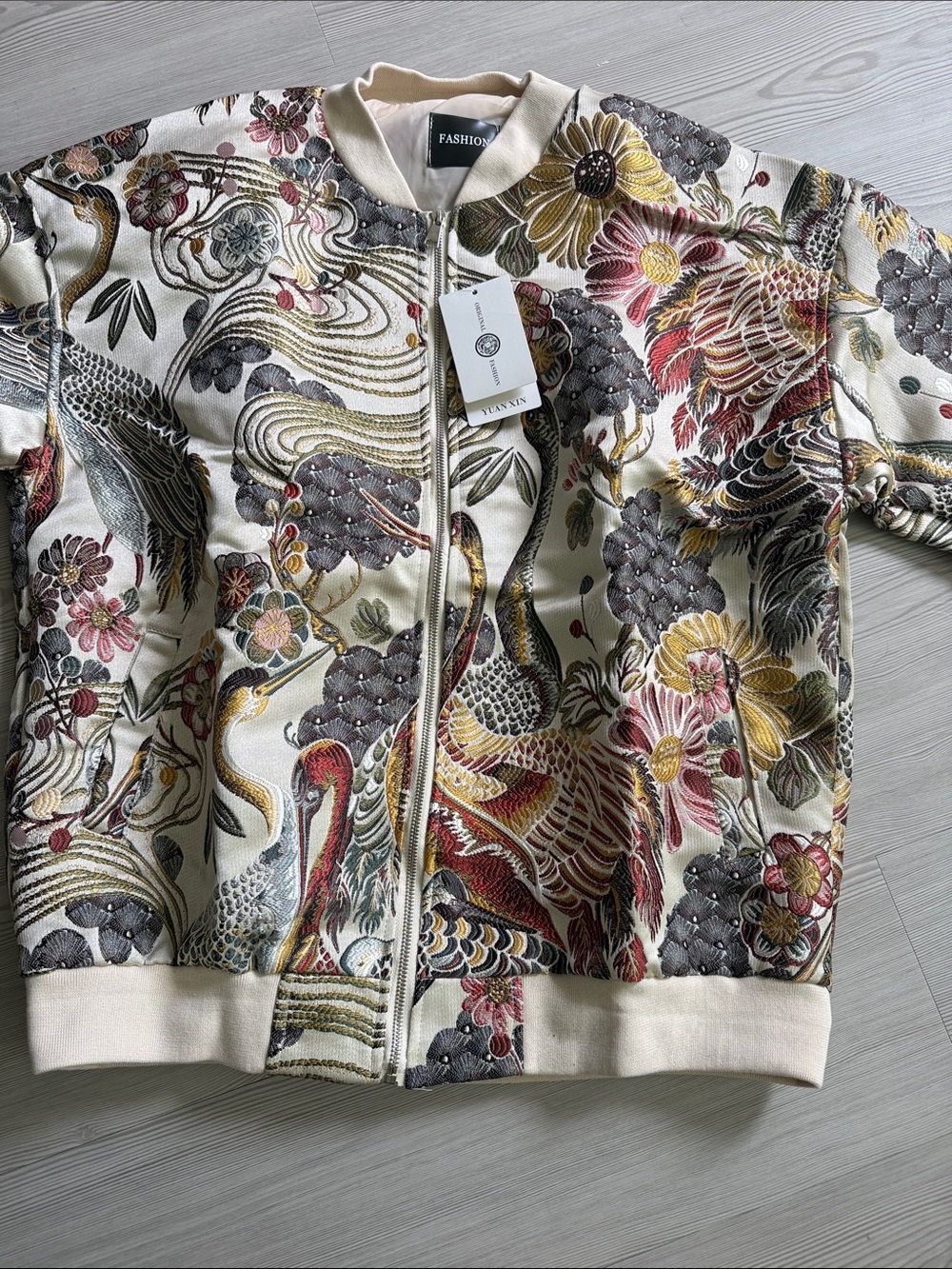 Floral Crane Embroidered Bomber Jacket - Cream Multicolor